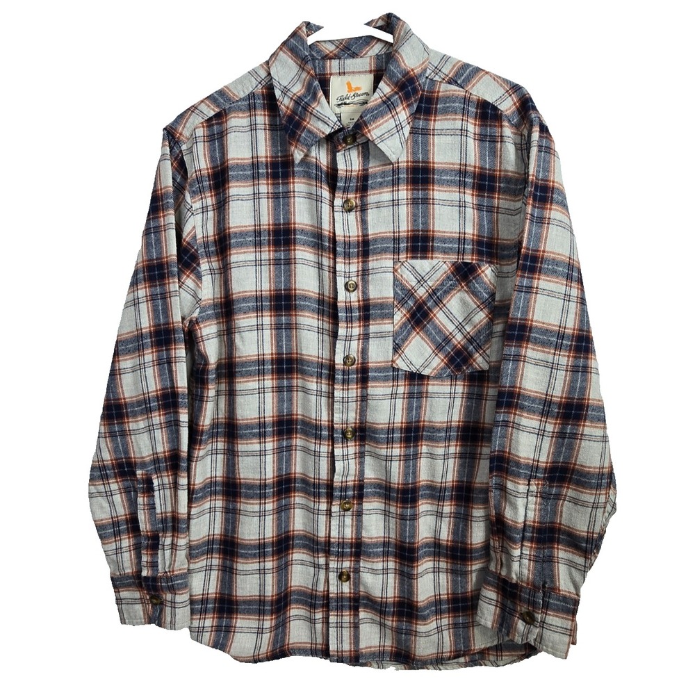 Field & Stream Mens Small Gray/Burnt Orange Plaid Flannel Button-Up Long Sleeve